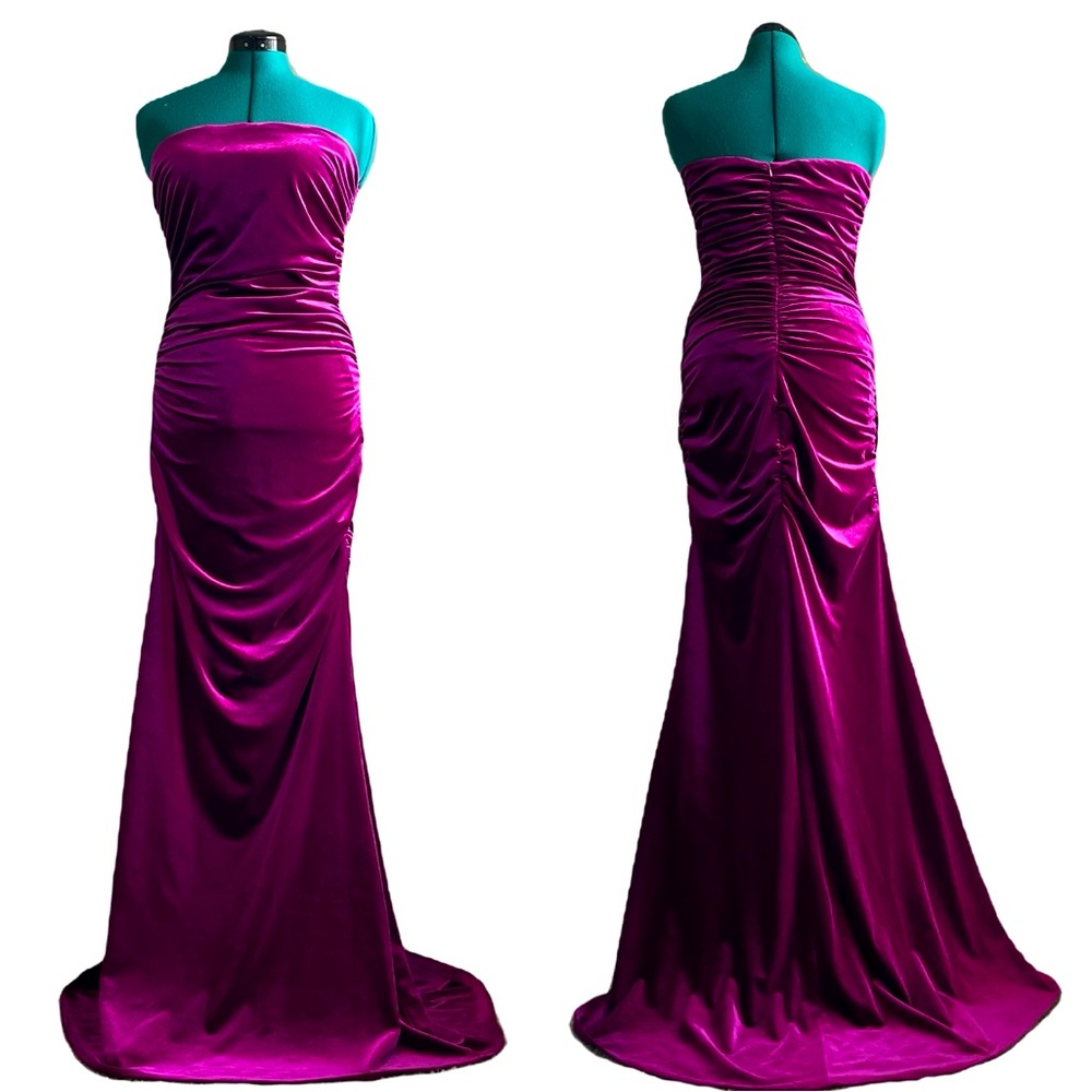 Sherri Hill fucsia purple velvet strapless ruched maxi prom in style 55761